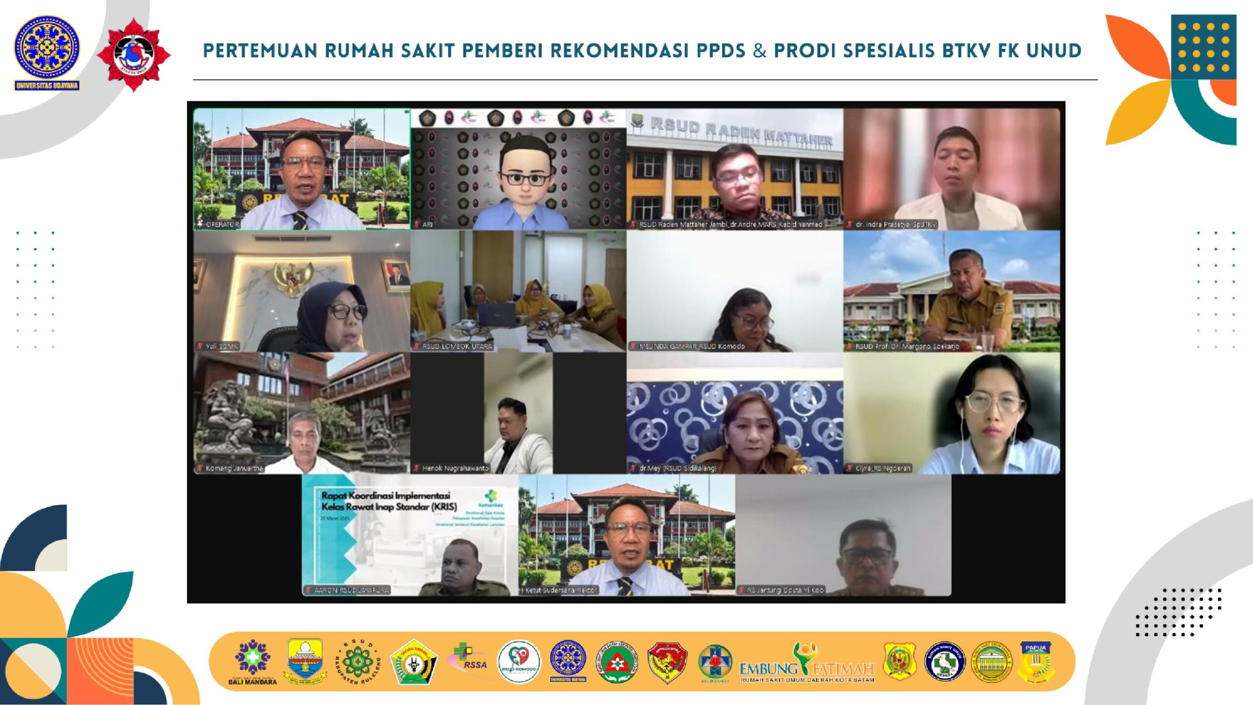 *Pertemuan Rumah Sakit Pemberi Rekomendasi PPDS dan Program Studi Spesialis BTKV FK UNUD*

Senin, 07 Juli 2025 – Program Studi Spesialis BTKV Fakultas Kedokteran Universitas Udayana menyelenggarakan sebuah kegiatan strategis yang menghadirkan para pemangku kepentingan utama dalam bidang pendidikan kedokteran dan layanan kesehatan lanjutan di Indonesia terutama di bidang pelayanan Bedah Toraks, Jantung, dan Pembuluh Darah.

Acara ini turut dihadiri oleh:
1. Direktur Jenderal Sumber Daya Manusia Kesehatan Kementerian Kesehatan Republik Indonesia
2. Direktur Jenderal Pelayanan Kesehatan Lanjutan Kementerian Kesehatan RI
3. Ketua Kolegium Bedah Toraks Kardiak dan Vaskular Indonesia
4. Ketua Perhimpunan Bedah Toraks Kardiak Vaskular Indonesia (HBTKVI)
5. Rektor Universitas Udayana
6. Dekan Fakultas Kedokteran Universitas Udayana
7. Perwakilan RSUP IGNG Ngoerah sebagai Rumah Sakit Pendidikan Utama 
8. Jajaran staf Dosen Prodi Spesialis BTKV FK Unud.

Pertemuan ini menjadi wadah sinergi antara institusi pendidikan, organisasi profesi, dan pemerintah dalam mendukung transformasi pendidikan kedokteran spesialis di Indonesia, khususnya dalam bidang Bedah Toraks Kardiak dan Vaskular (BTKV). 

Berbagai topik penting dibahas, termasuk situasi persiapan pelayanan bidang BTKV saat ini dan perencanaan selama beberapa tahun kedepan terutama dalam hal Sumber Daya Manusia, Sarana, dan Peralatan Kesehatan, dalam rangka mempersiapkan pelayanan terbaik dan merata di seluruh Republik Indonesia.

Diharapkan, pertemuan ini menjadi langkah konkret dalam menciptakan sistem pendidikan kedokteran yang lebih adaptif, merata, dan responsif terhadap tantangan layanan kesehatan nasional.